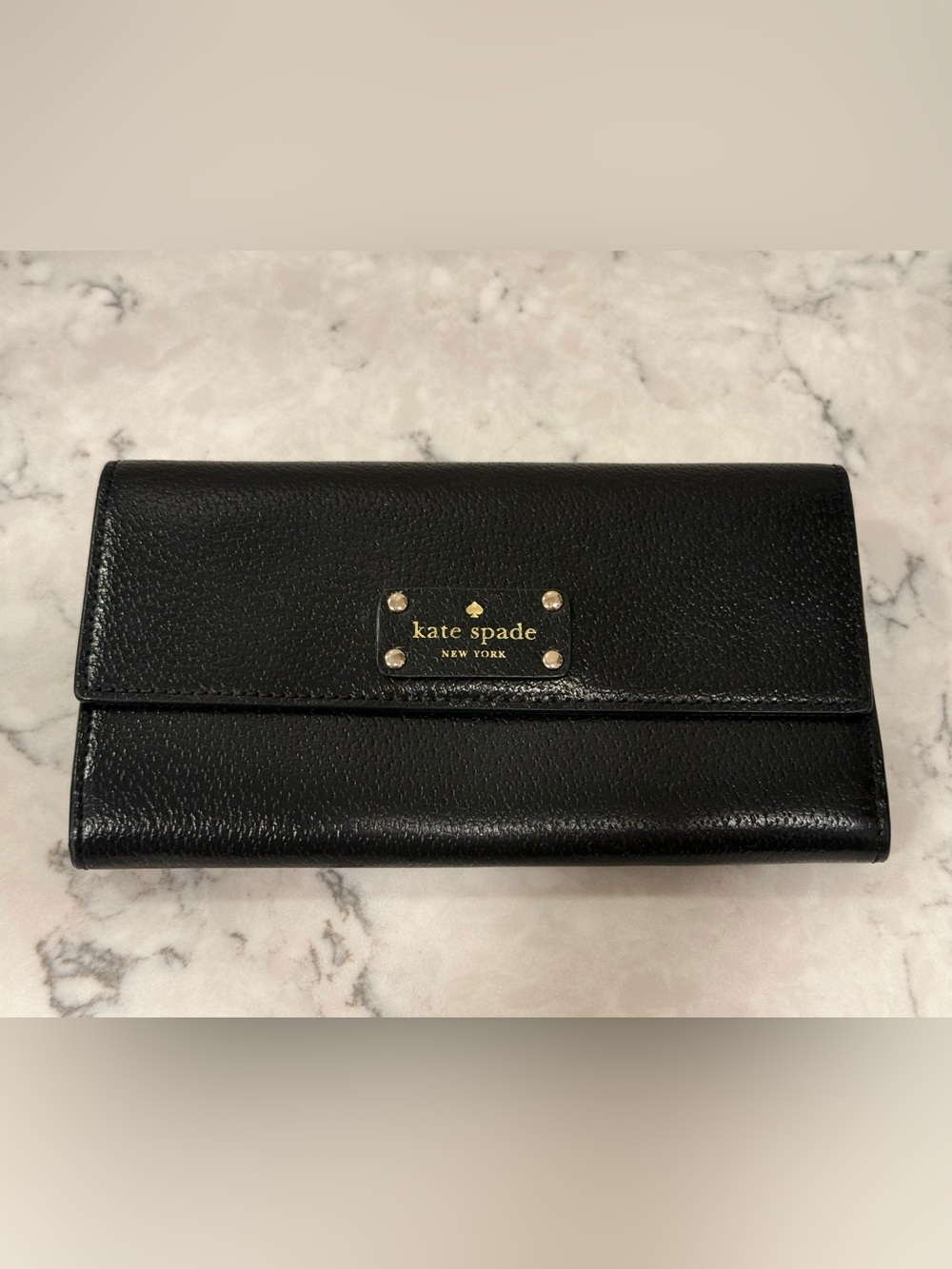 kate spade Black Leather Logo Plaque Wallet with Gold Hardware